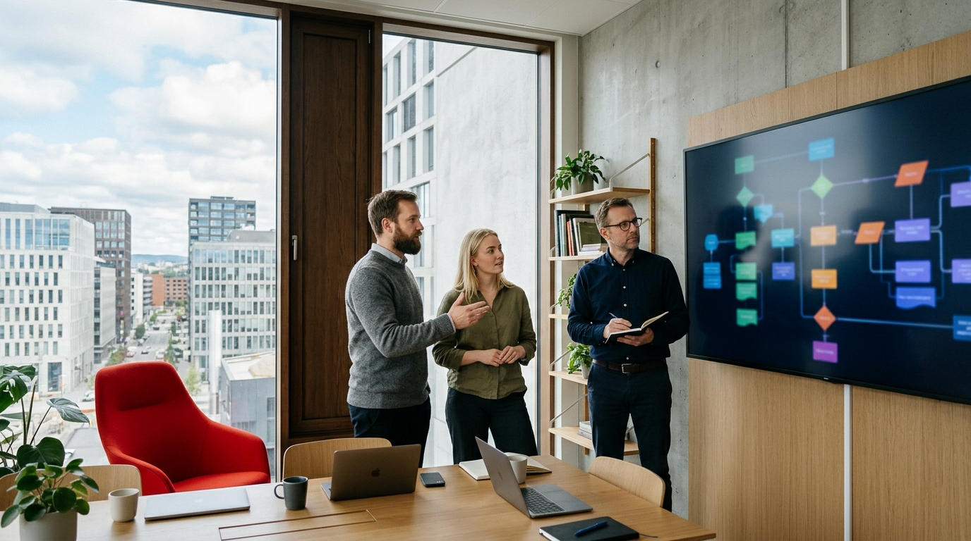 Et lite team i et lyst kontor i Oslo ser på en stor skjerm med flytskjema