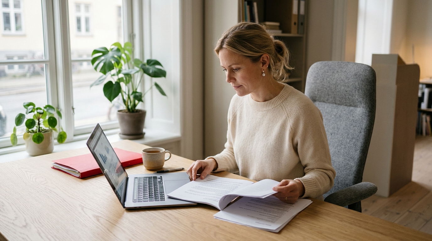 Bedriftseier leser gjennom regelverk ved et lyst skrivebord med en åpen PC ved siden av