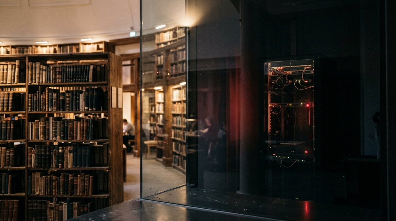 Bokhyller i et bibliotek i varmt lys, med svakt lys fra et serverrom speilet i glass
